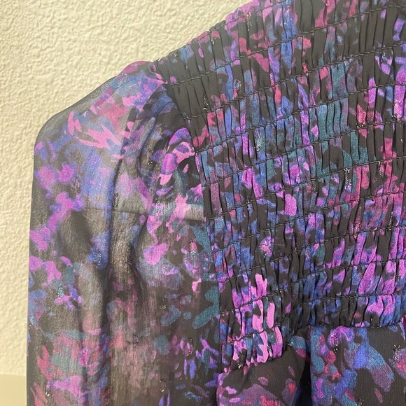 Aqua Purple Pattern Smocked Mini Dress Long Sleeves High Neck Size Small - Picture 5 of 13